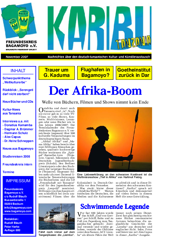 Vereinszeitschrift "Karibu" Vereinszeitschrift "Karibu"